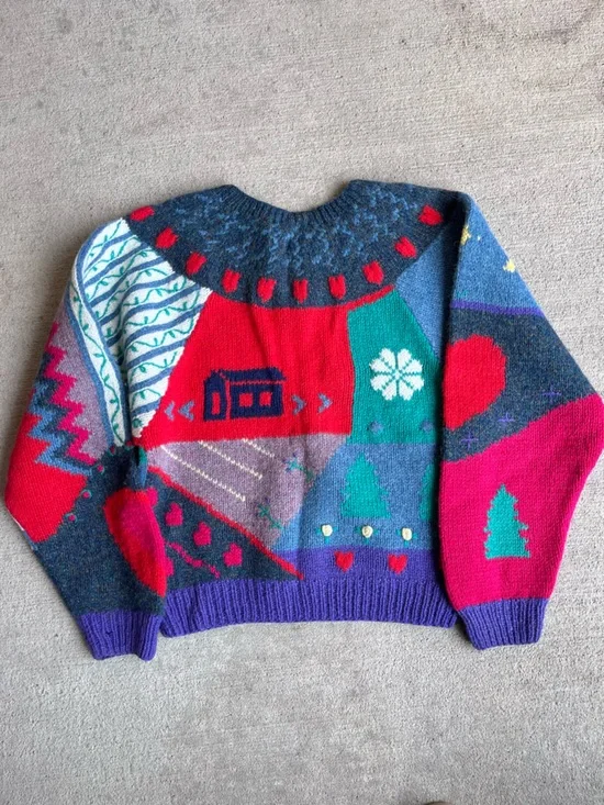 Vintage 80s Eagle eye patchwork wool hand knit cottagecore sweater jumper top - Picture 5 of 10